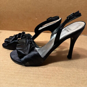 Stuart Weitzman size 6.5 Lulu heel, black satin, ruffle toe, dustbag, party